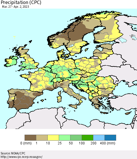 Europe Precipitation (CPC) Thematic Map For 3/27/2023 - 4/2/2023