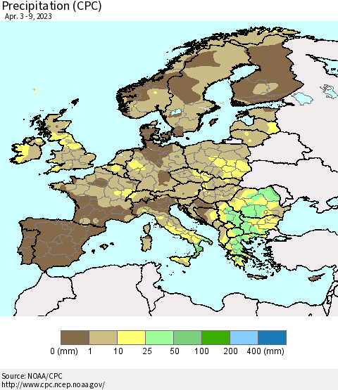 Europe Precipitation (CPC) Thematic Map For 4/3/2023 - 4/9/2023