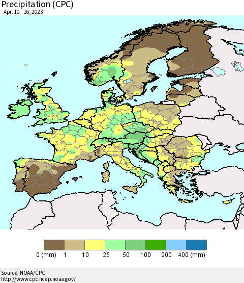Europe Precipitation (CPC) Thematic Map For 4/10/2023 - 4/16/2023