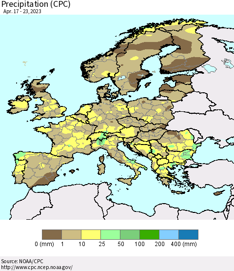 Europe Precipitation (CPC) Thematic Map For 4/17/2023 - 4/23/2023