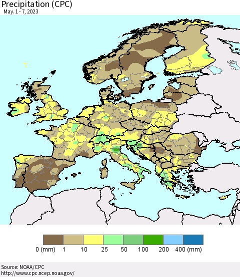 Europe Precipitation (CPC) Thematic Map For 5/1/2023 - 5/7/2023