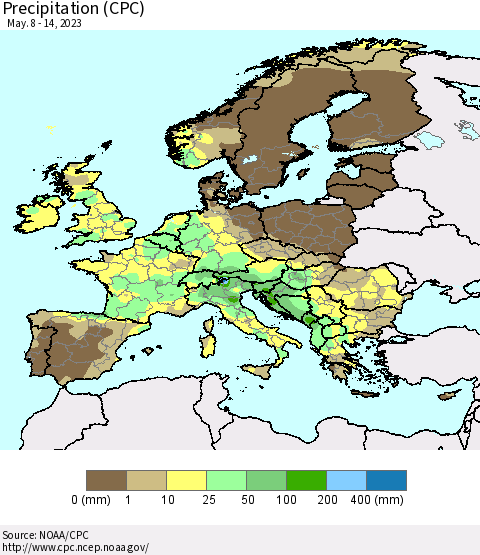 Europe Precipitation (CPC) Thematic Map For 5/8/2023 - 5/14/2023