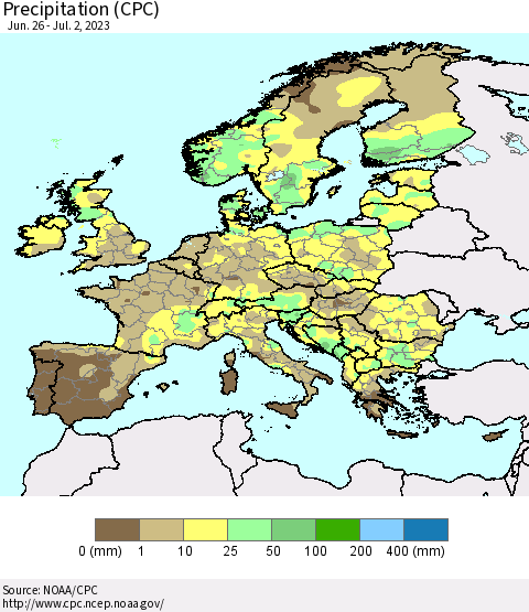 Europe Precipitation (CPC) Thematic Map For 6/26/2023 - 7/2/2023