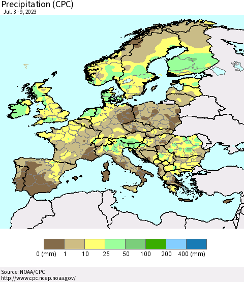 Europe Precipitation (CPC) Thematic Map For 7/3/2023 - 7/9/2023