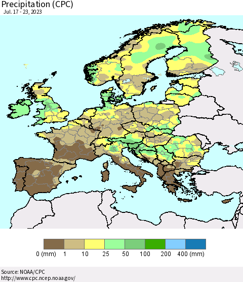 Europe Precipitation (CPC) Thematic Map For 7/17/2023 - 7/23/2023