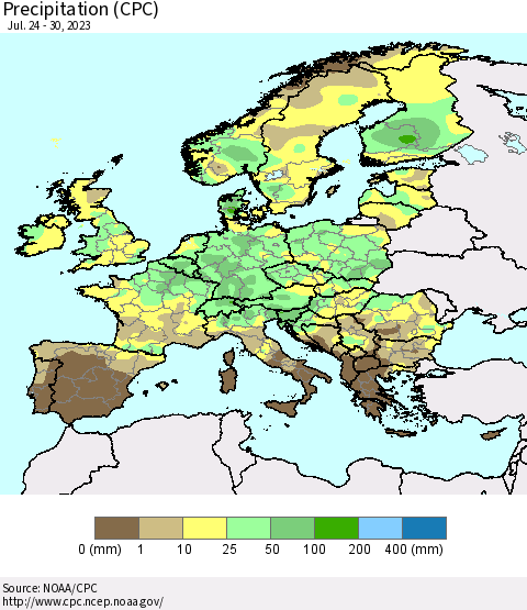 Europe Precipitation (CPC) Thematic Map For 7/24/2023 - 7/30/2023