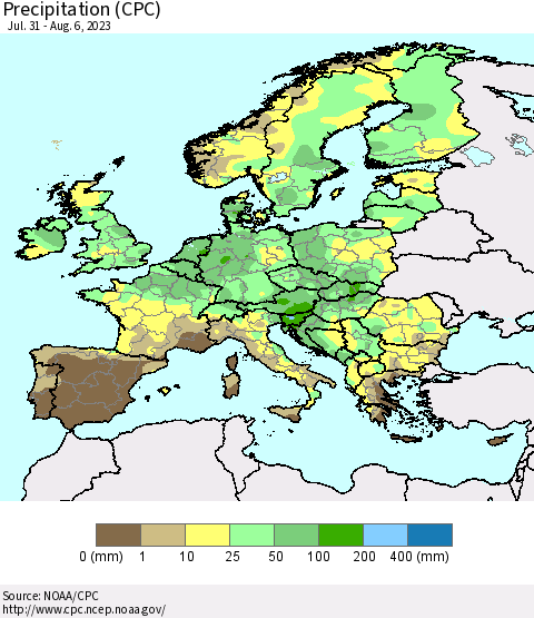Europe Precipitation (CPC) Thematic Map For 7/31/2023 - 8/6/2023