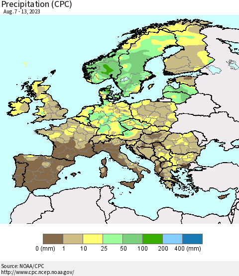 Europe Precipitation (CPC) Thematic Map For 8/7/2023 - 8/13/2023