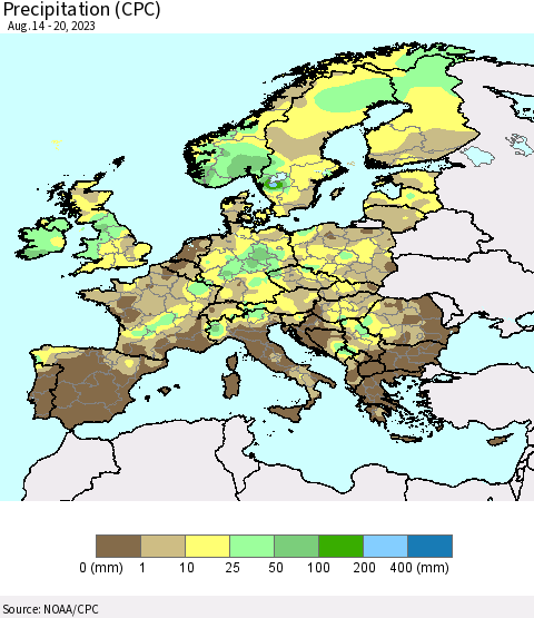 Europe Precipitation (CPC) Thematic Map For 8/14/2023 - 8/20/2023