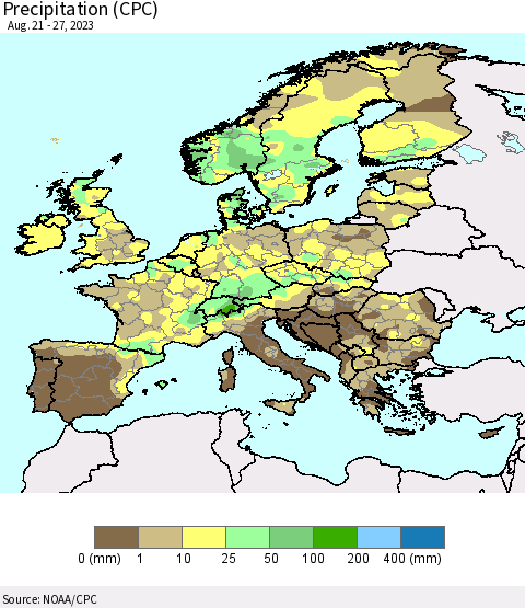 Europe Precipitation (CPC) Thematic Map For 8/21/2023 - 8/27/2023