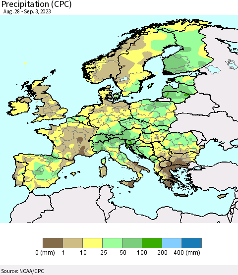 Europe Precipitation (CPC) Thematic Map For 8/28/2023 - 9/3/2023