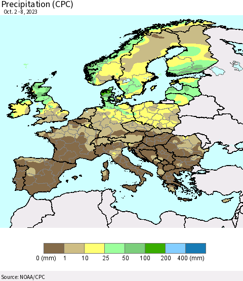 Europe Precipitation (CPC) Thematic Map For 10/2/2023 - 10/8/2023