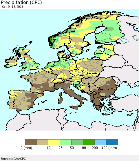 Europe Precipitation (CPC) Thematic Map For 10/9/2023 - 10/15/2023