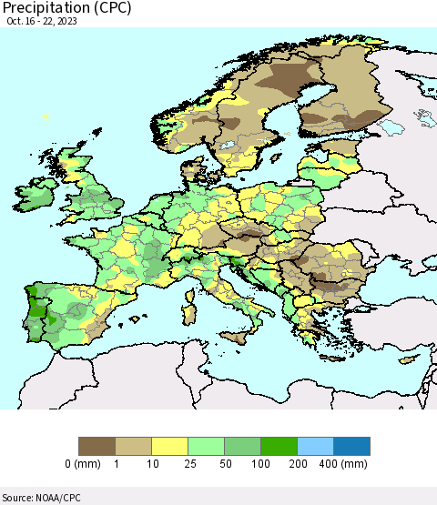 Europe Precipitation (CPC) Thematic Map For 10/16/2023 - 10/22/2023