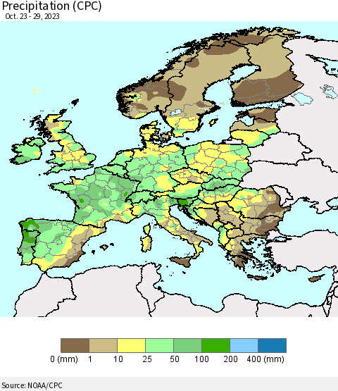 Europe Precipitation (CPC) Thematic Map For 10/23/2023 - 10/29/2023