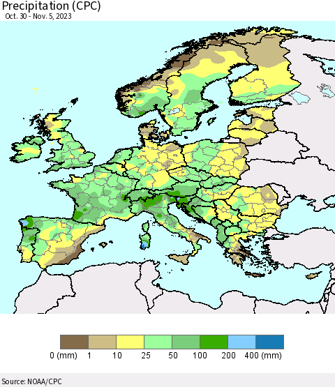 Europe Precipitation (CPC) Thematic Map For 10/30/2023 - 11/5/2023