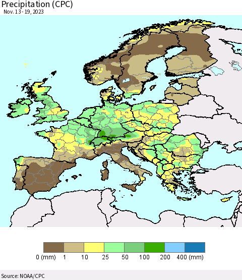 Europe Precipitation (CPC) Thematic Map For 11/13/2023 - 11/19/2023
