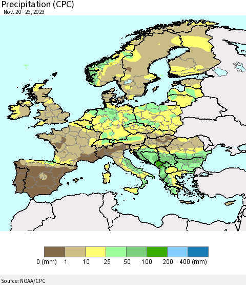 Europe Precipitation (CPC) Thematic Map For 11/20/2023 - 11/26/2023