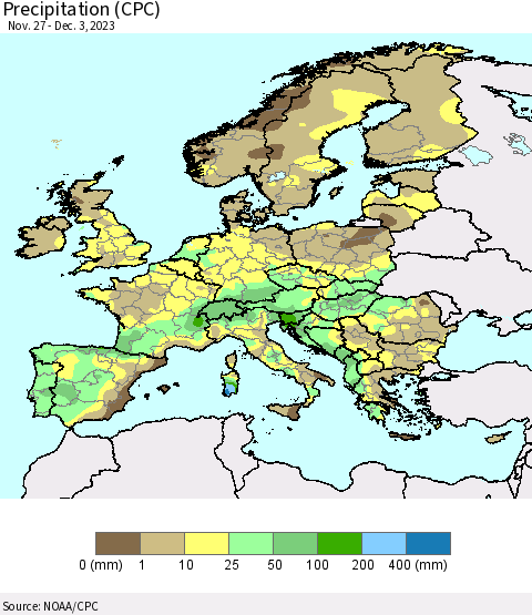 Europe Precipitation (CPC) Thematic Map For 11/27/2023 - 12/3/2023