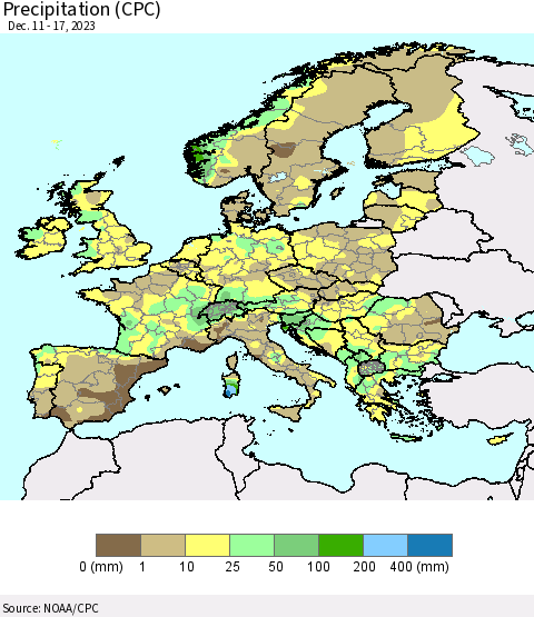 Europe Precipitation (CPC) Thematic Map For 12/11/2023 - 12/17/2023