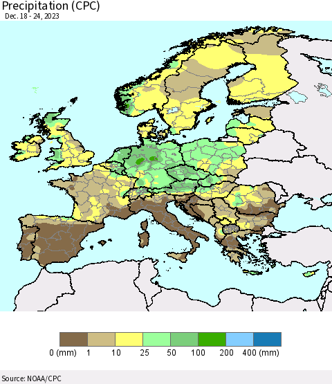 Europe Precipitation (CPC) Thematic Map For 12/18/2023 - 12/24/2023