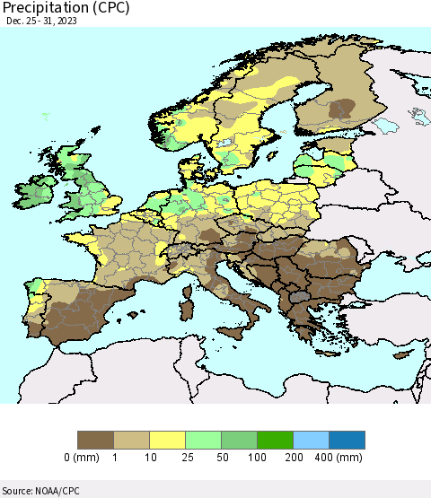 Europe Precipitation (CPC) Thematic Map For 12/25/2023 - 12/31/2023
