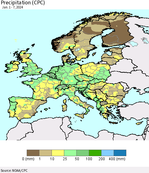 Europe Precipitation (CPC) Thematic Map For 1/1/2024 - 1/7/2024