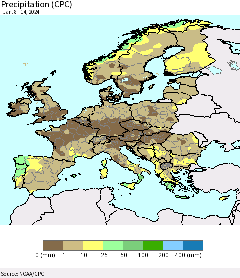 Europe Precipitation (CPC) Thematic Map For 1/8/2024 - 1/14/2024