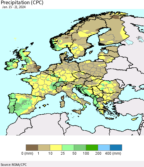 Europe Precipitation (CPC) Thematic Map For 1/15/2024 - 1/21/2024