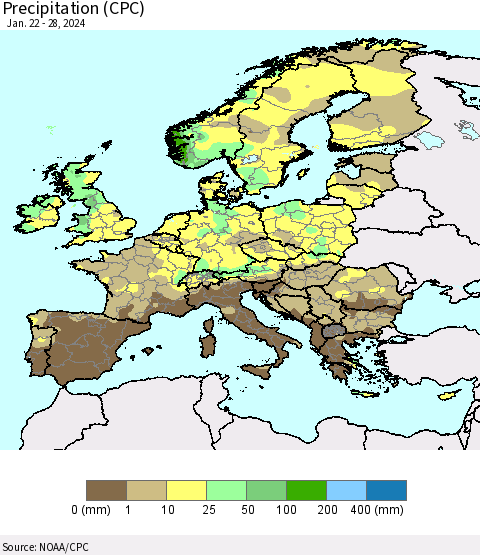 Europe Precipitation (CPC) Thematic Map For 1/22/2024 - 1/28/2024