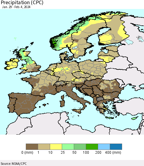 Europe Precipitation (CPC) Thematic Map For 1/29/2024 - 2/4/2024