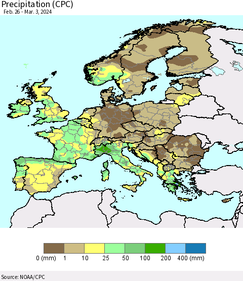 Europe Precipitation (CPC) Thematic Map For 2/26/2024 - 3/3/2024