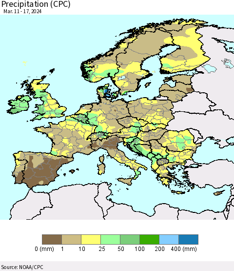 Europe Precipitation (CPC) Thematic Map For 3/11/2024 - 3/17/2024