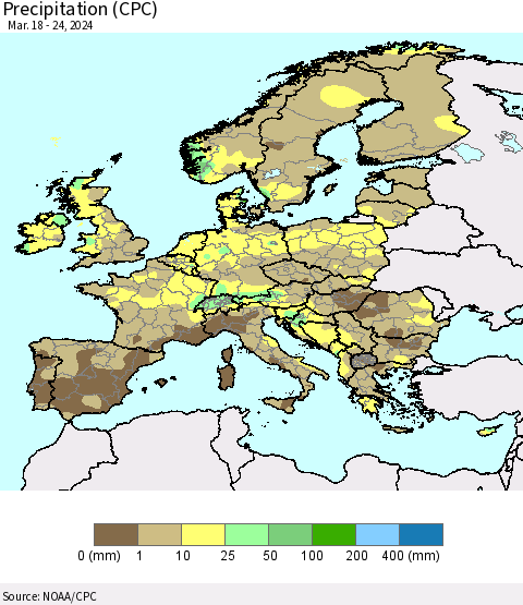 Europe Precipitation (CPC) Thematic Map For 3/18/2024 - 3/24/2024