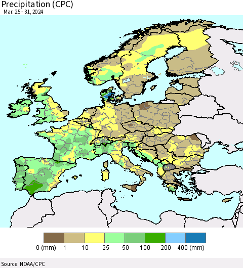 Europe Precipitation (CPC) Thematic Map For 3/25/2024 - 3/31/2024