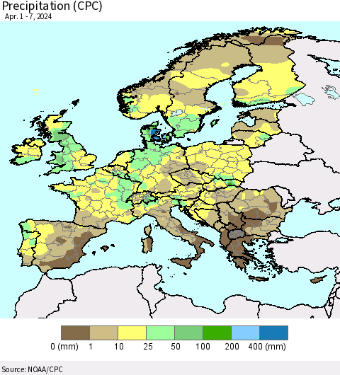 Europe Precipitation (CPC) Thematic Map For 4/1/2024 - 4/7/2024