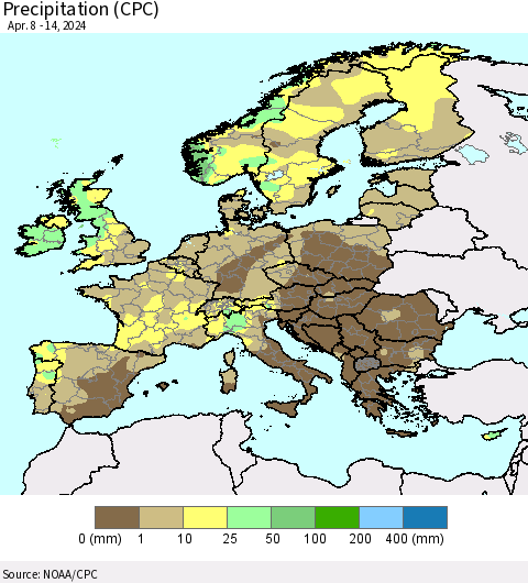 Europe Precipitation (CPC) Thematic Map For 4/8/2024 - 4/14/2024