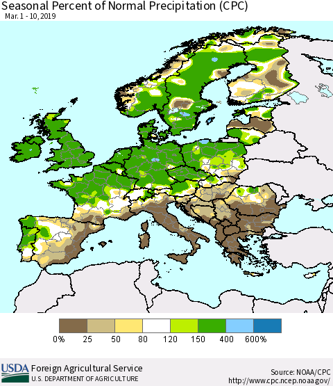 Europe Seasonal Percent of Normal Precipitation (CPC) Thematic Map For 3/1/2019 - 3/10/2019