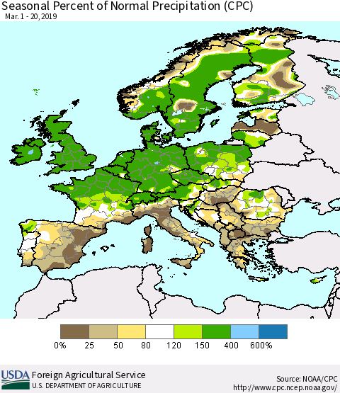 Europe Seasonal Percent of Normal Precipitation (CPC) Thematic Map For 3/1/2019 - 3/20/2019