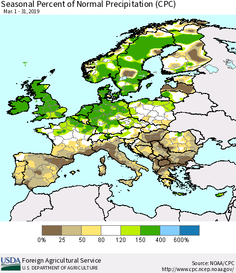 Europe Seasonal Percent of Normal Precipitation (CPC) Thematic Map For 3/1/2019 - 3/31/2019