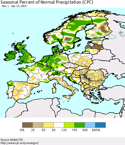 Europe Seasonal Percent of Normal Precipitation (CPC) Thematic Map For 3/1/2019 - 4/10/2019