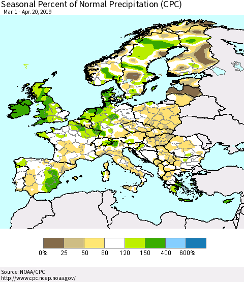 Europe Seasonal Percent of Normal Precipitation (CPC) Thematic Map For 3/1/2019 - 4/20/2019