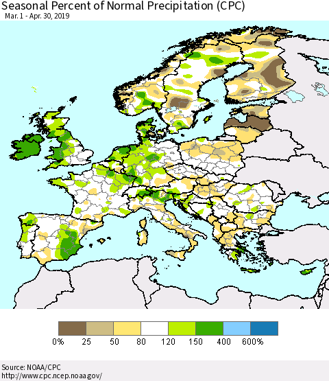 Europe Seasonal Percent of Normal Precipitation (CPC) Thematic Map For 3/1/2019 - 4/30/2019
