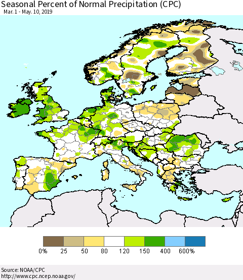 Europe Seasonal Percent of Normal Precipitation (CPC) Thematic Map For 3/1/2019 - 5/10/2019