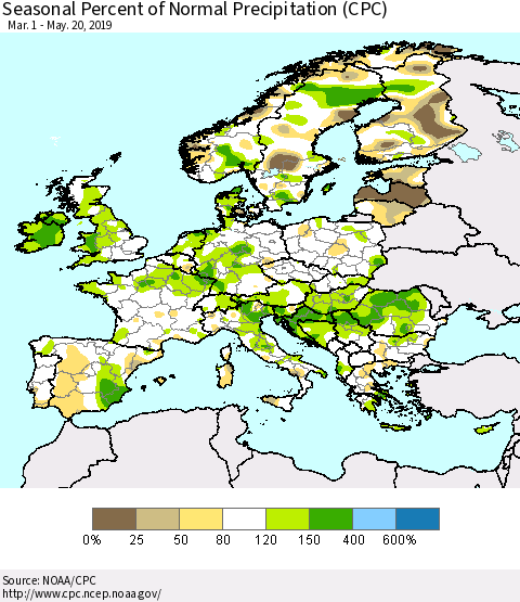 Europe Seasonal Percent of Normal Precipitation (CPC) Thematic Map For 3/1/2019 - 5/20/2019