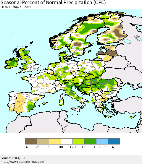 Europe Seasonal Percent of Normal Precipitation (CPC) Thematic Map For 3/1/2019 - 5/31/2019