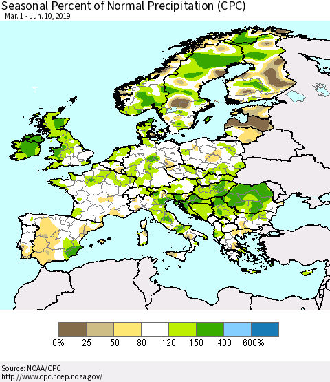 Europe Seasonal Percent of Normal Precipitation (CPC) Thematic Map For 3/1/2019 - 6/10/2019