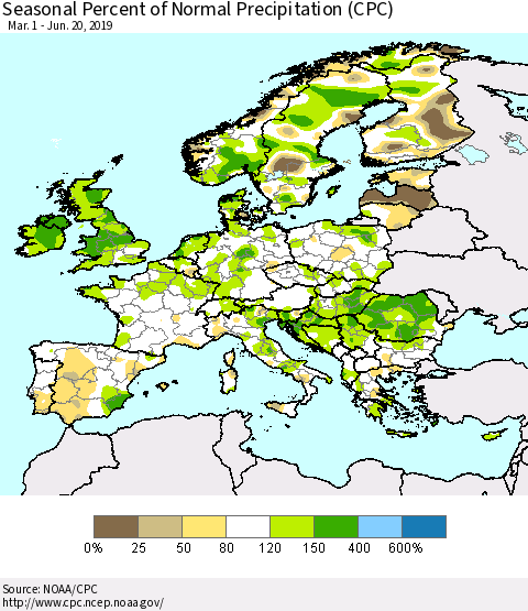 Europe Seasonal Percent of Normal Precipitation (CPC) Thematic Map For 3/1/2019 - 6/20/2019