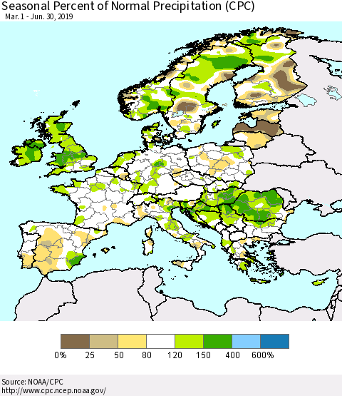Europe Seasonal Percent of Normal Precipitation (CPC) Thematic Map For 3/1/2019 - 6/30/2019