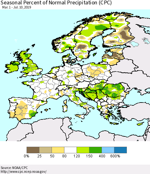 Europe Seasonal Percent of Normal Precipitation (CPC) Thematic Map For 3/1/2019 - 7/10/2019